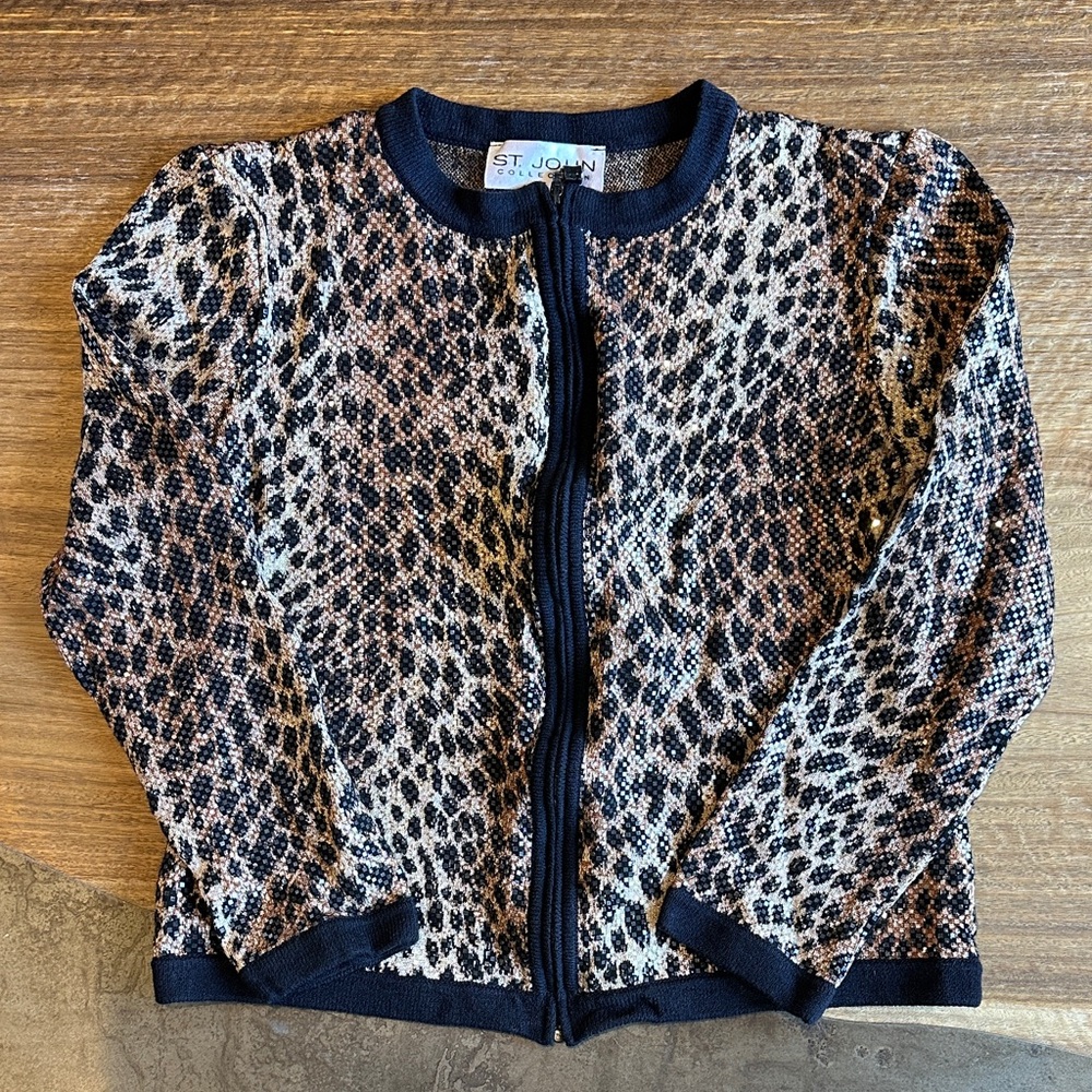 St. John Collection Animal Print Knit Black and Brown zip up jacket